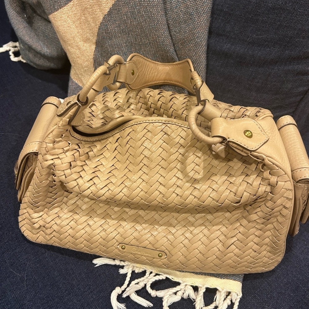 Cole Haan Woven Leather Satchel Beige Neutral Shoulder Bag - Picture 2 of 5
